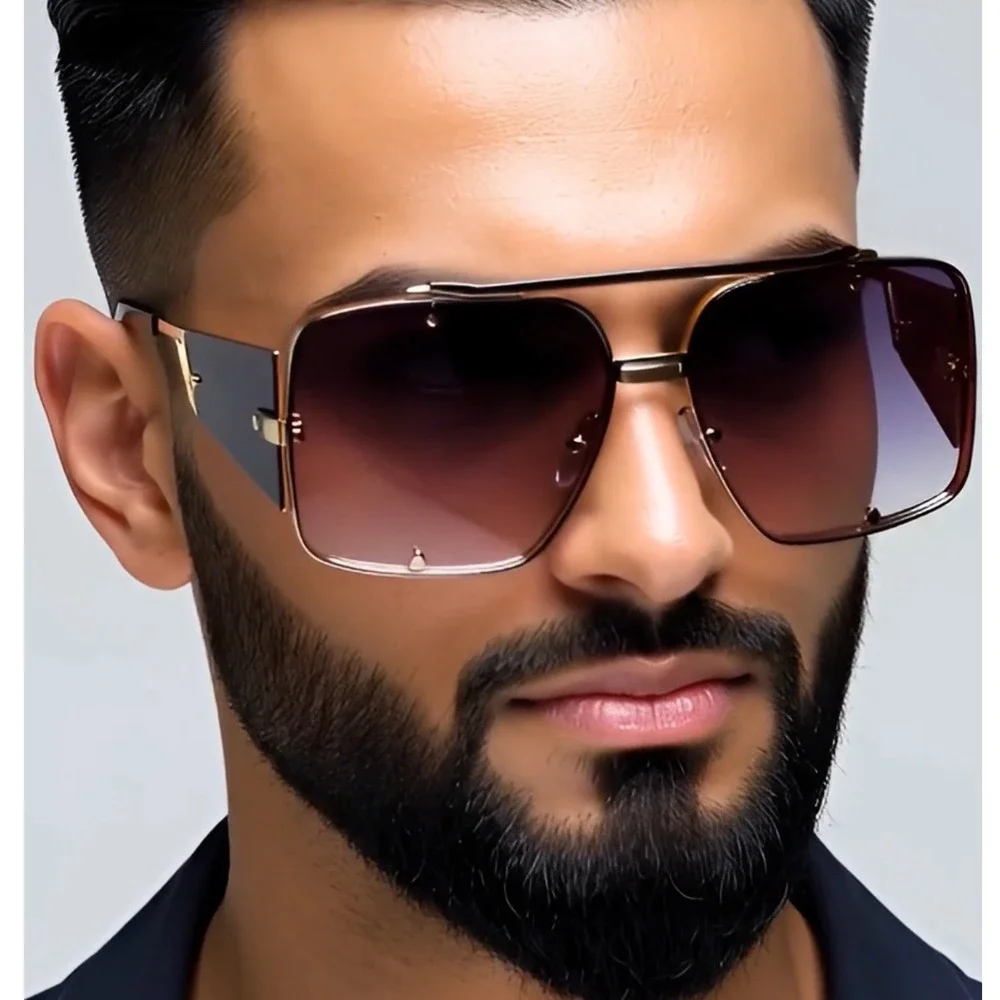 Mens Oversized Square Shield Sunglasses Gradient‎ Lens Gold Frame Lentes Gafas